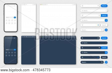 Smartphone, Blank Internet Browser Window With Various Search Bars. Web Site Engine With Search Box,