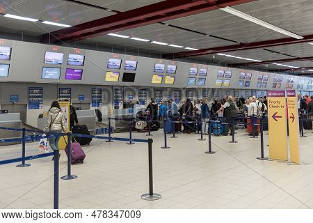 London, England - September 29, 2017: Luton Airport Check In Area Interior. Monarch Lines. London, E
