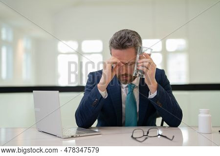 Head Pain Concept. Cephalalgia And Migraine. Man With Sinus Headache, Tension Or Cluster Headache. H