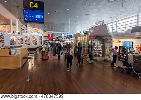 Copenhagen, Denmark - August 24, 2017: Copenhagen International Airport Kastrup. People In Departure