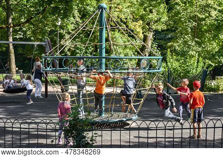 Vilnius, Lithuania - August 31, 2017: Public Park In Lithuania, Vilnius. Children Enjoy Sunny Summer