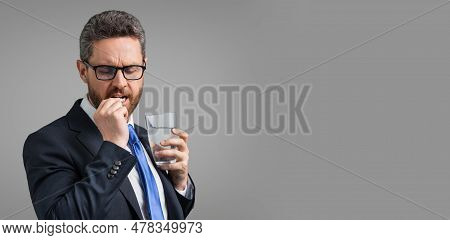 Tired, Headache And Eye Strain. Business Man In Suit With Stress, Burnout And Fatigue Eyestrain. Chr