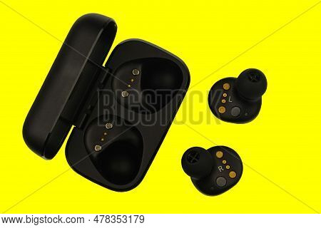 Wireless Stereo Earbuds. Black Wireless Earphones And Charging Case. Earbuds Or Headphones And Charg