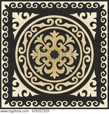 Vector Golden With Black Square Kazakh National Ornament. Ethnic Pattern Of The Peoples Of The Great