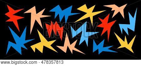 Set Of Colorful Sharp Irregular Shapes On Dark Background. Abstract Bright Geometric Edgy Elements C
