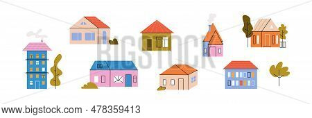 Set Of Different Tiny Houses With Trees. Cute Small Buildings In Flat Minimal Style. Modern Home Fac