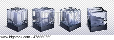 3d Glass Cube Box Vector Isolated On Transparent Background. Crear Black And White Realistic Geometr