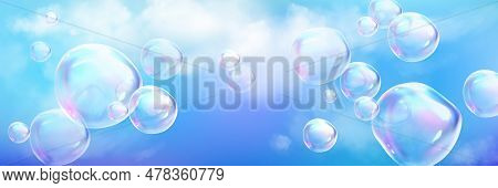 Realistic Cloud Background With Iridescent Glass Foam. 3d Dream Spectrum Soap Bubble Sphere Blowing 