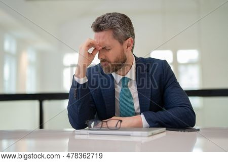 Head Pain Concept. Cephalalgia And Migraine. Man With Sinus Headache, Tension Or Cluster Headache. H