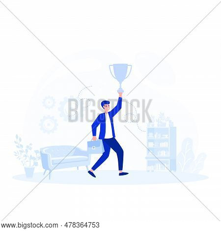 Successful Businessmen Holding Golden Trophy Up, Flat Vector Modern Illustration