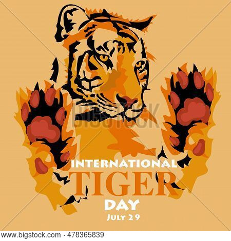 International Tiger Day On July 29. Cute Tiger With A Big Head And Paws Is Standing. Portrait Of A T