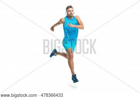 Sport Jogger Listening To Music In Headphones. The Jogger Ran At Sport Training Isolated On White. I