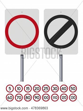 Vector Illustration Of The Australian Speed Limit Road Signs On Metallic Pole (easily Editable Numbe