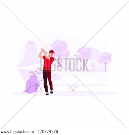 Golf Course Surrounded By Shady Trees, Professional Golfer, Trying To Make A Shot With A Golf Club I