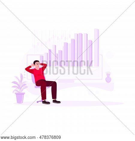 Young Male Businessman, Sitting Relaxed In The Office, Watching Development Statistics And Charts Of