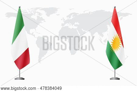 Italy And Kurdistan Flags For Official Meeting Against Background Of World Map.