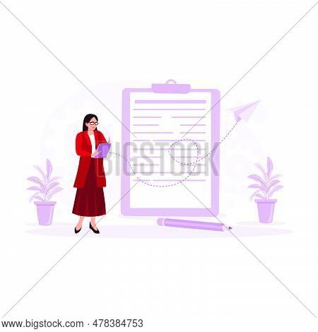 Woman In Glasses, Standing, Holding A Clipboard And Pen, Writing And Taking Notes. Trend Modern Vect