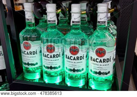 Bacardi Rum For Sale At A Hypermarket. Display With Light Illumination For Bacardi White Rum. Ukrain