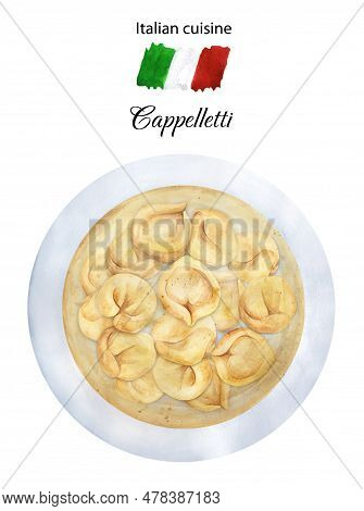 Soup Cappelletti Or Tortellini Brodo In White Plate. Italian Cuisine. Top View. Italian Dish. Hand-d