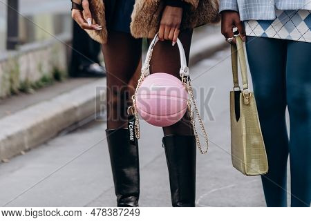 Paris, France - October, 3, 2021: Woman Wears Handbag Hermes Fgm Bag Nike Pink Basketball Leather Sh