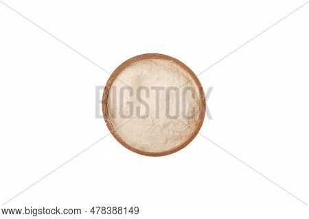 Xanthan Gum Powder In Wooden Bowl On White Background, Top View. Food Additive E415. Used In Food In