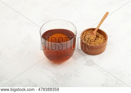Helba Or Golden Tea Made Of Fenugreek. Selective Focus. Methi Dana Drink Used In Local Medicine Of E