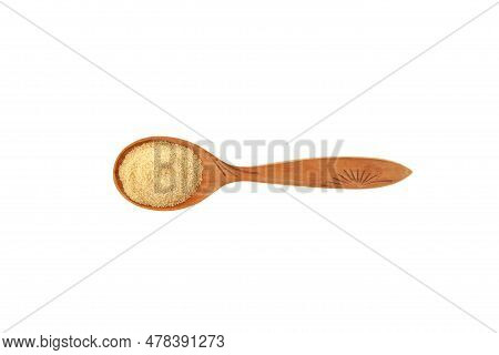 Fenugreek Powder Or Hulbah Extract In Wooden Spoon On White Background, Top View.