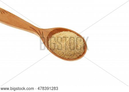 Hulbah Powder Or Fenugreek Flour In Wooden Spoon Isolated On White Background, Close-up, Selective F