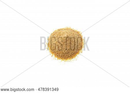 Pile Of Fenugreek Powder Or Hulbah On White Background, Top View. Fenugreek Extract Soothe Upset Sto