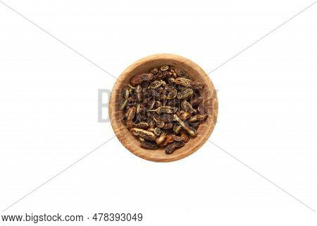 Dried Fruits Of Sophora Japonica In Wooden Bowl Isolated On White Background. Herbal Therapy. Fruits