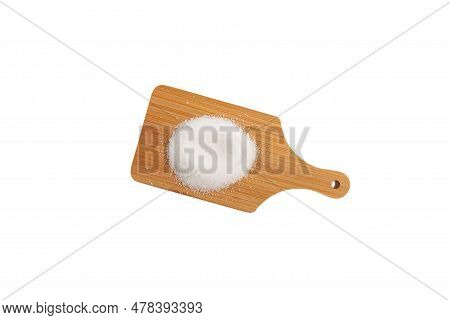 Pile Of Isomalt Or Isomaltitol  Powder On Wooden Board, Isolated On White Background. Food Additive 