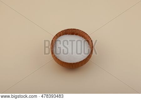 Xylit Sugar Substitute, Xylitol Powder Or Birch Sugar In Wooden Bowl. Food Additive E967, Sweetener.