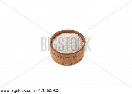 Sodium Benzoate, Sodium Salt Of Benzoic Acid In Wooden Bowl On White Background, Selective Focus. Fo