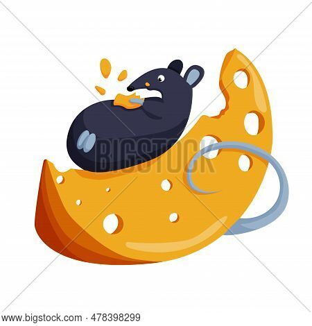 Halloween Mouse With A Piece Of Cheese. Mouse Lies On The Cheese. Vector Cartoon Illustration Isolat