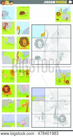 Cartoon Illustration Of Educational Jigsaw Puzzle Games Set With Wild Animal Characters Group