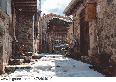 Street In Mountainous Village Of Askas In Winter. Nicosia District, Cyprus