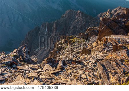 Awesome Mountain View From Cliff At Very High Altitude. Scenic Landscape With Beautiful Sharp Rocks 