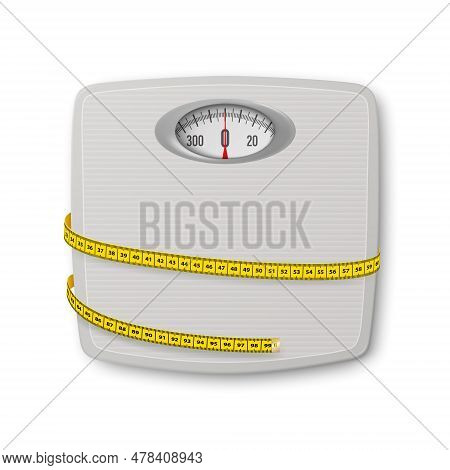 Vector 3d Realistic Bathroom Scales With Measuring Yellow Tape. Bathroom Body Weight Scales Closeup 