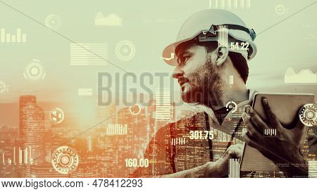 Future Building Construction And Inventive Engineering Project Concept With Hud Hologram Graphic Des