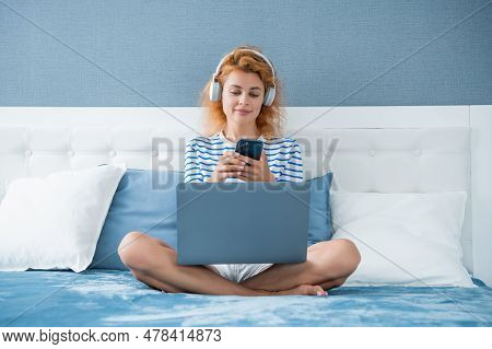 Smiling Girl Has Education Online. Girl Estudy With Education Online At Home. Estudy Concept.