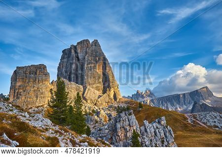 Cinque Torri Mountain, Beautiful Autumn Colors In Dolomites Mountain In Valley Cortina D'ampezzo Cit