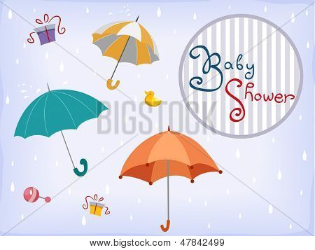 Illustration af Baby brusebad Invitation kortdesign med paraplyer