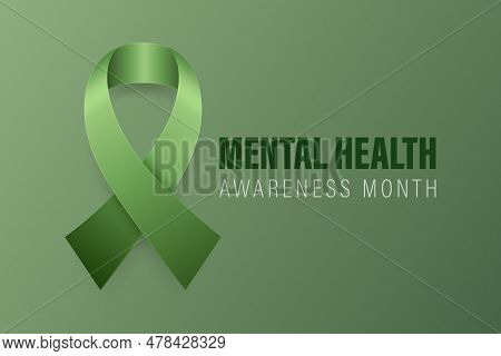 Mental Health Awareness Month Banner, Card, Placard With Vector 3d Realistic Green Ribbon On Green B