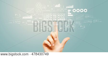 Move To Earn Theme With Hand Pressing A Button On A Technology Screen