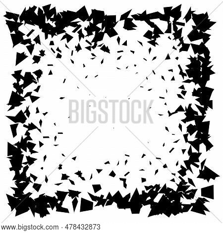Debris And Shatters In Square Shape. Black Broken Pieces, Specks, Speckles, Particles, Shivers. Abst