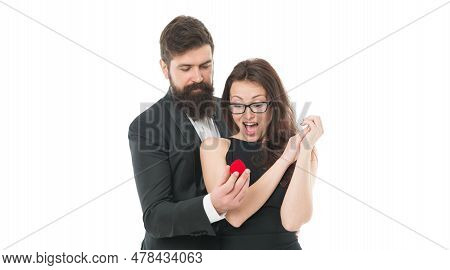 Deep In Love. Man Present Ring To Woman. Marry Me. Offer Engagement Ring For Marriage Proposal. Cele