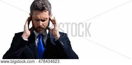 Millennial Businessman Having Headache. Business Man In Suit Suffer From Migraine Or Headache. Tired