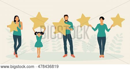 People Are Holding Stars. Customers Give Feedback And Leave Positive Feedback. Flat Style. Vector.