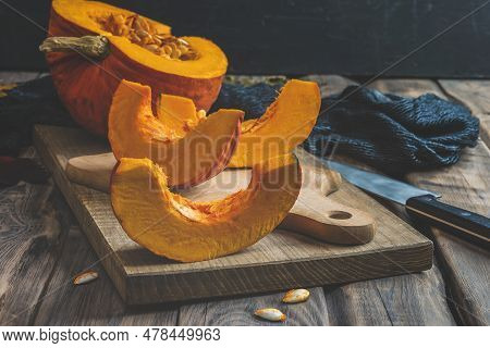 Autumn Fall Pumpkin Spice Baking And Drink Ingredients. Various Colorful Pumpkins, Nuts, Seasonal Sp