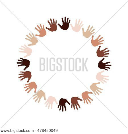 Framing From Handprints Different Tone Skin In Circle With Blank Space In The Centre. Graphic Circle